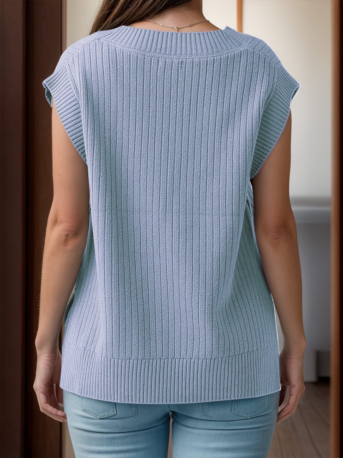 Trendsi Fall Light Blue / S V-Neck Cap Sleeve Knit Vest V-Neck Cap Sleeve Knit Vest