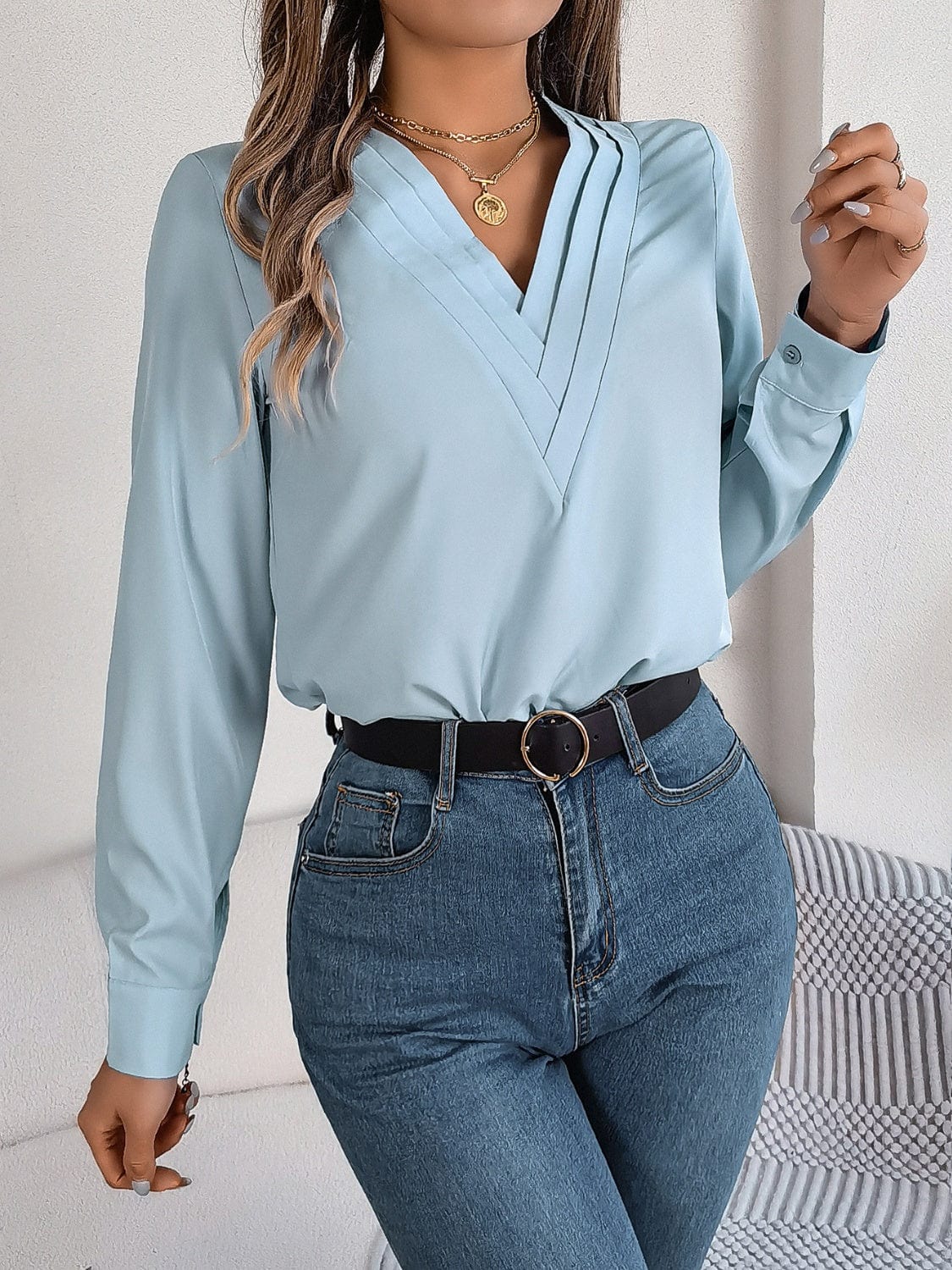 Trendsi Fall Light Blue / S V-Neck Long Sleeve Blouse V-Neck Long Sleeve Blouse