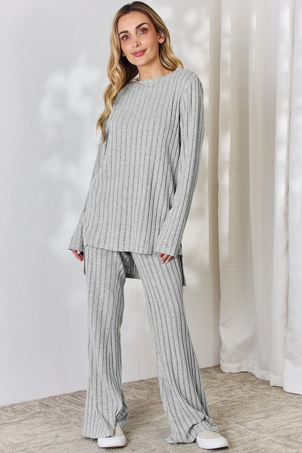 Trendsi Fall Light Gray / S Basic Bae Full Size Ribbed High-Low Top and Wide Leg Pants Set Basic Bae Full Size Ribbed High-Low Top and Wide Leg Pants Set