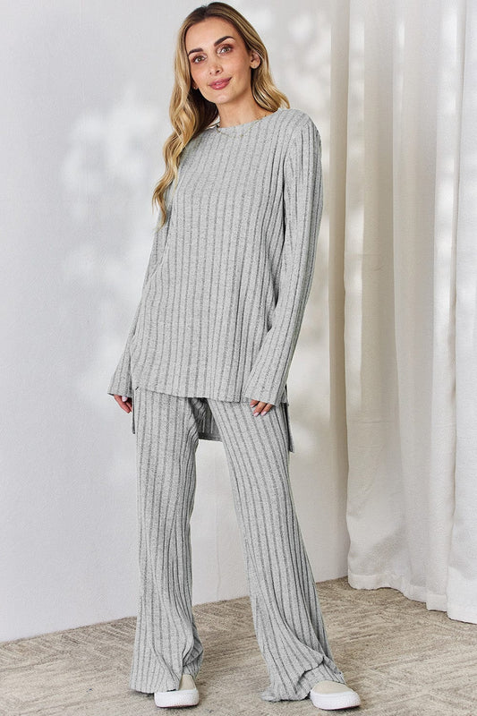Trendsi Fall Light Gray / S Basic Bae Full Size Ribbed High-Low Top and Wide Leg Pants Set Basic Bae Full Size Ribbed High-Low Top and Wide Leg Pants Set