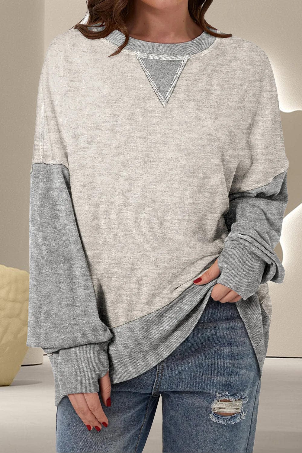 Trendsi Fall Light Gray / S Contrast Round Neck Long Sleeve Sweatshirt Contrast Round Neck Long Sleeve Sweatshirt