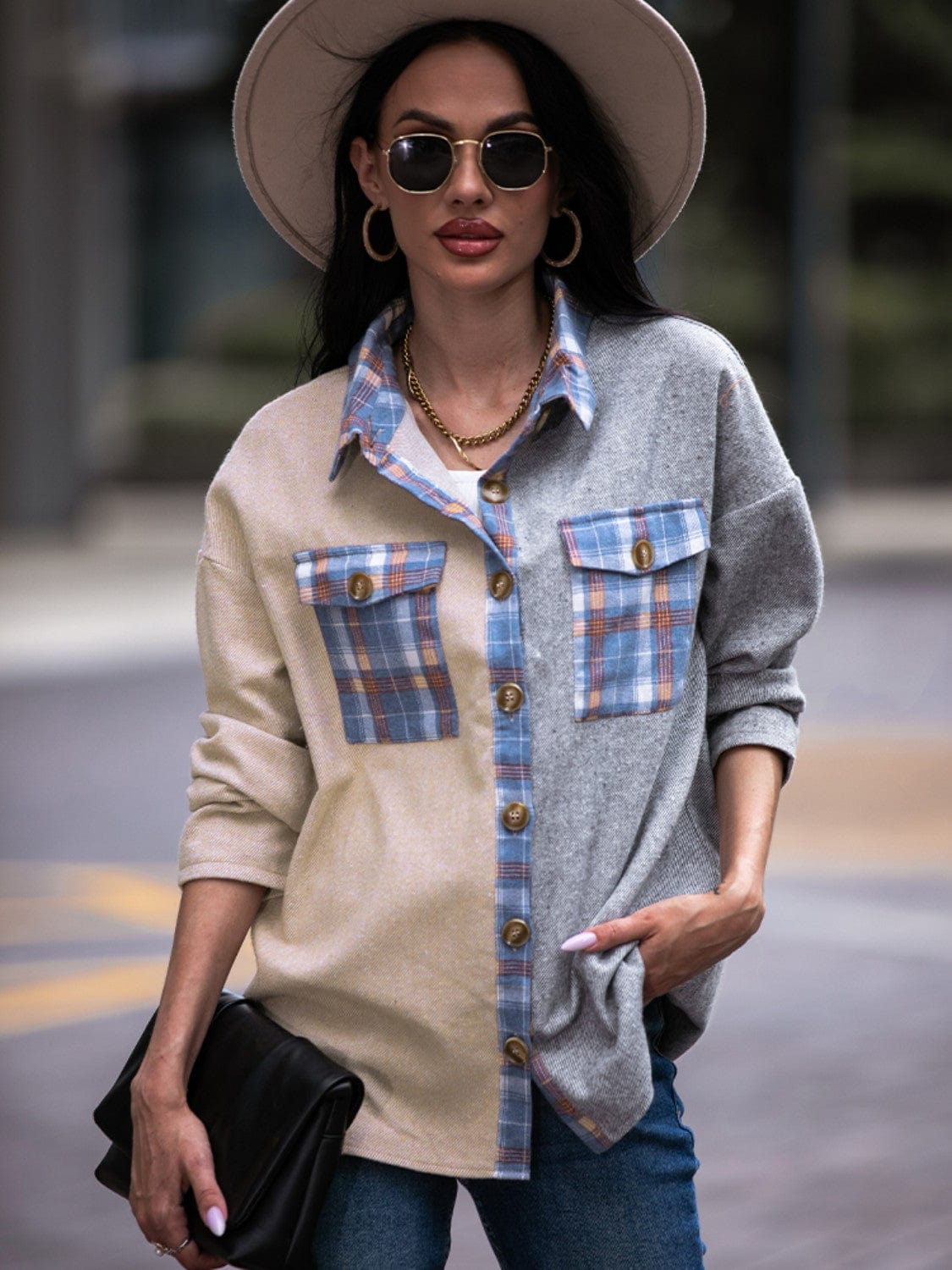 Trendsi Fall Light Gray / S Plaid Contrast Drop Shoulder Shacket Plaid Contrast Drop Shoulder Shacket