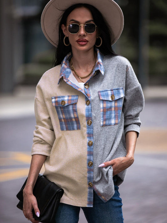 Trendsi Fall Light Gray / S Plaid Contrast Drop Shoulder Shacket Plaid Contrast Drop Shoulder Shacket