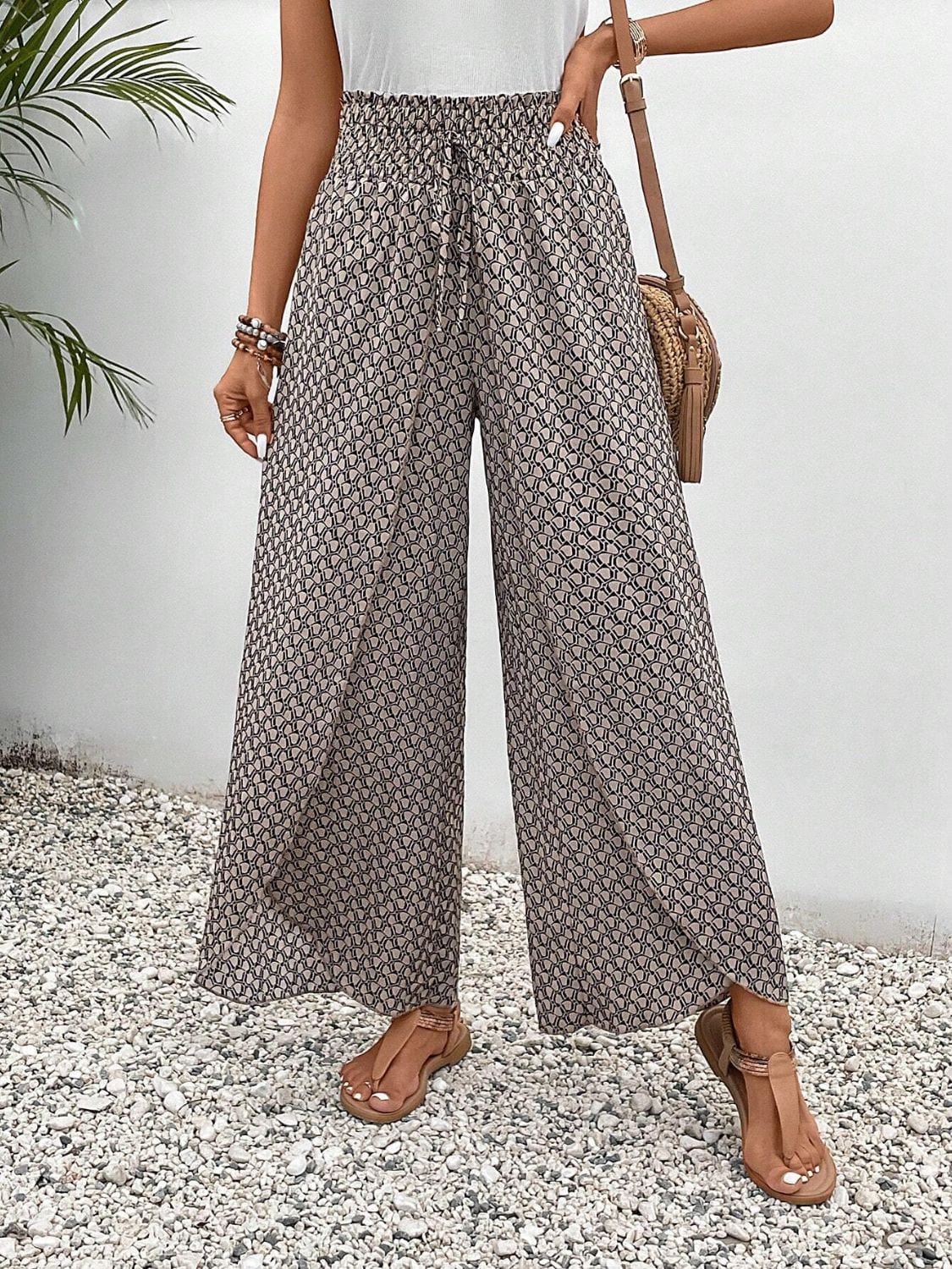 Trendsi Fall Light Gray / S Tied Printed Wide Leg Pants Tied Printed Wide Leg Pants