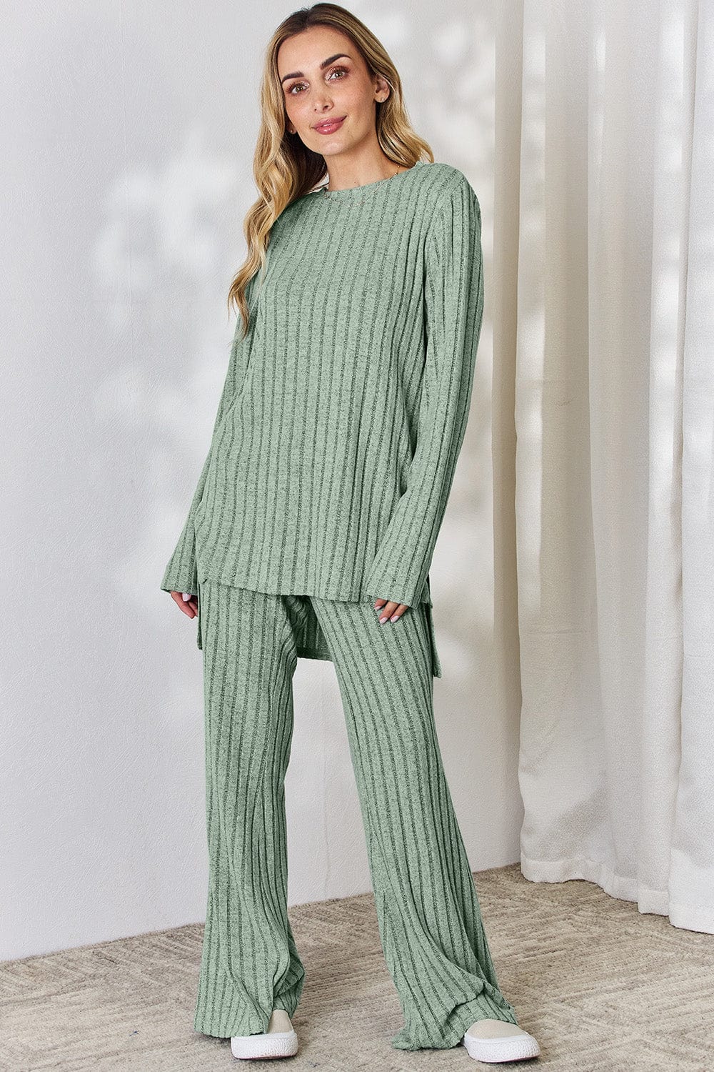 Trendsi Fall Light Green / S Basic Bae Full Size Ribbed High-Low Top and Wide Leg Pants Set Basic Bae Full Size Ribbed High-Low Top and Wide Leg Pants Set