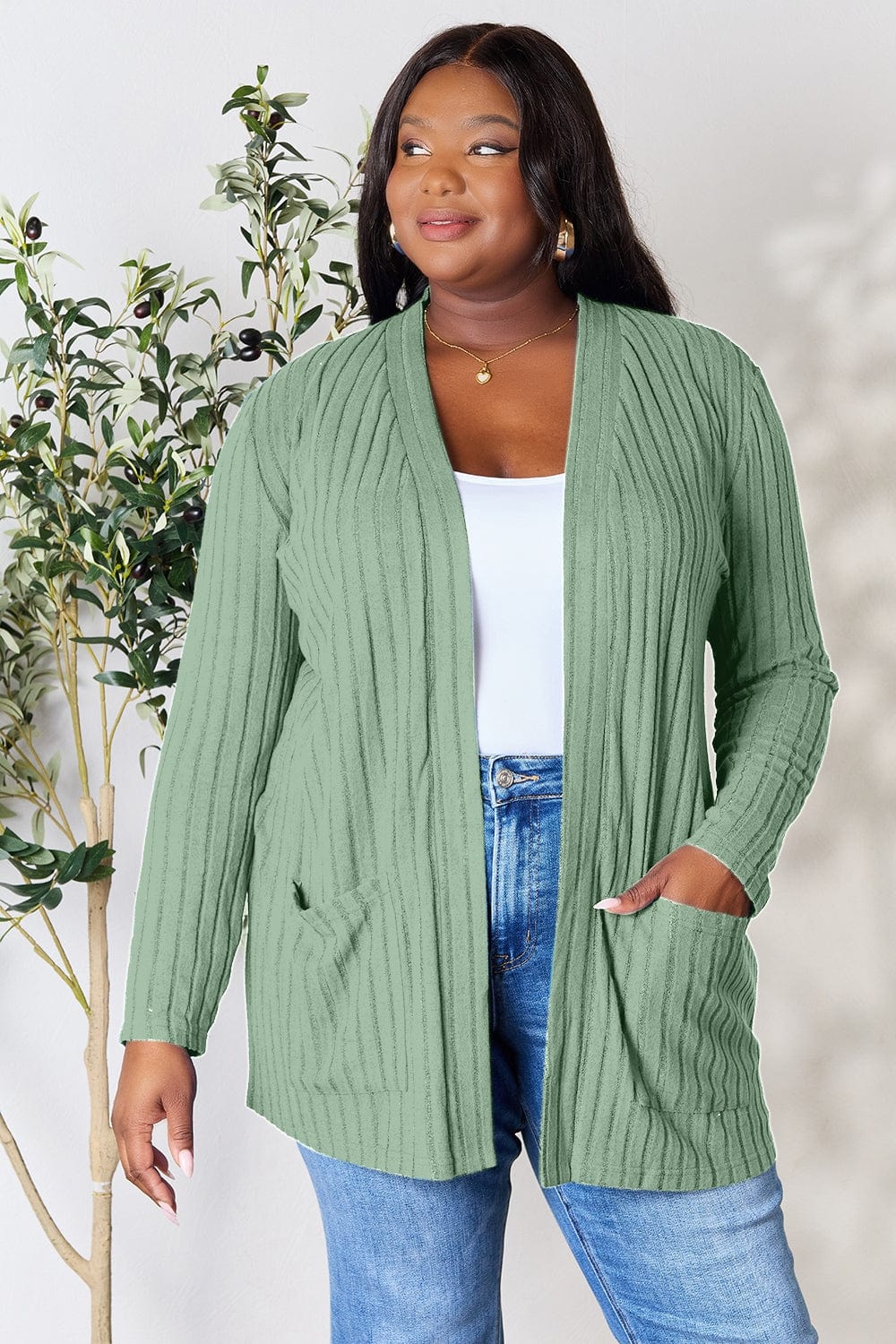Trendsi Fall Light Green / S Basic Bae Full Size Ribbed Open Front Cardigan with Pockets Basic Bae Full Size Ribbed Open Front Cardigan with Pockets
