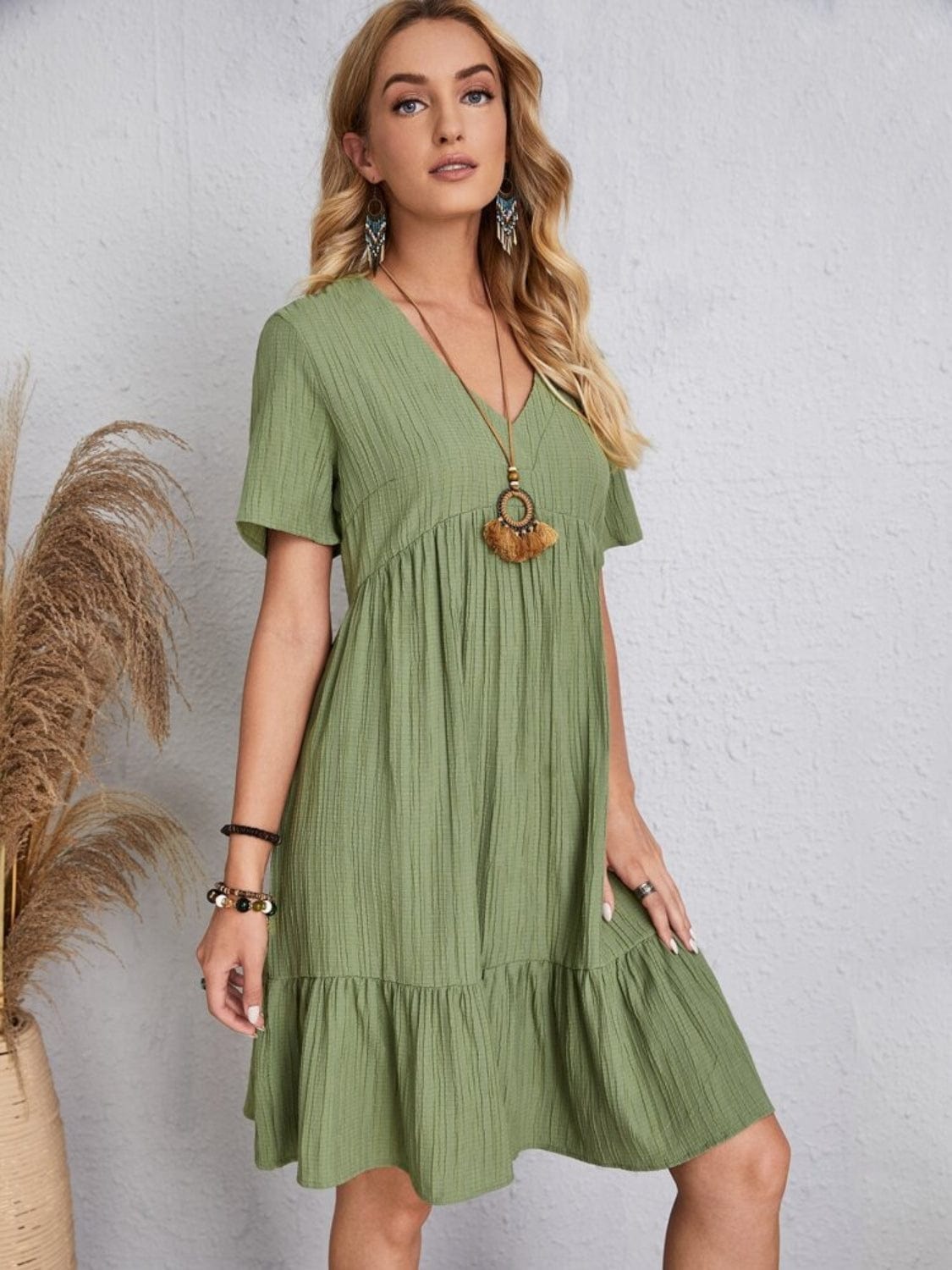 Trendsi Fall Light Green / S Full Size V-Neck Short Sleeve Dress Full Size V-Neck Short Sleeve Dress