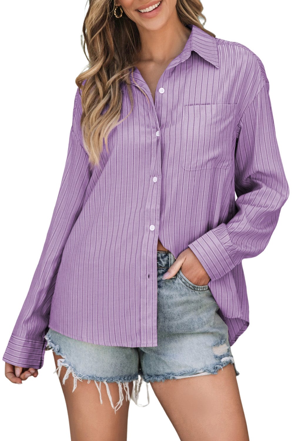 Trendsi Fall Lilac / S Striped Button Up Long Sleeve Shirt Striped Button Up Long Sleeve Shirt