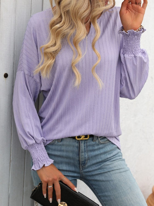 Trendsi Fall Lilac / S Textured Notched Lantern Sleeve T-Shirt Textured Notched Lantern Sleeve T-Shirt