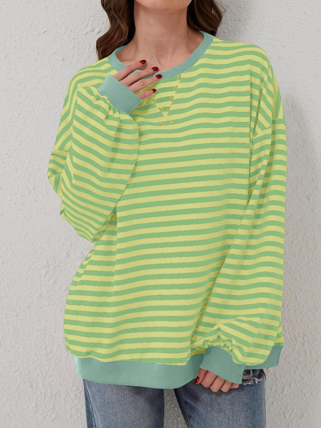 Trendsi Fall Lime / S Contrast Striped Long Sleeve Sweatshirt Contrast Striped Long Sleeve Sweatshirt
