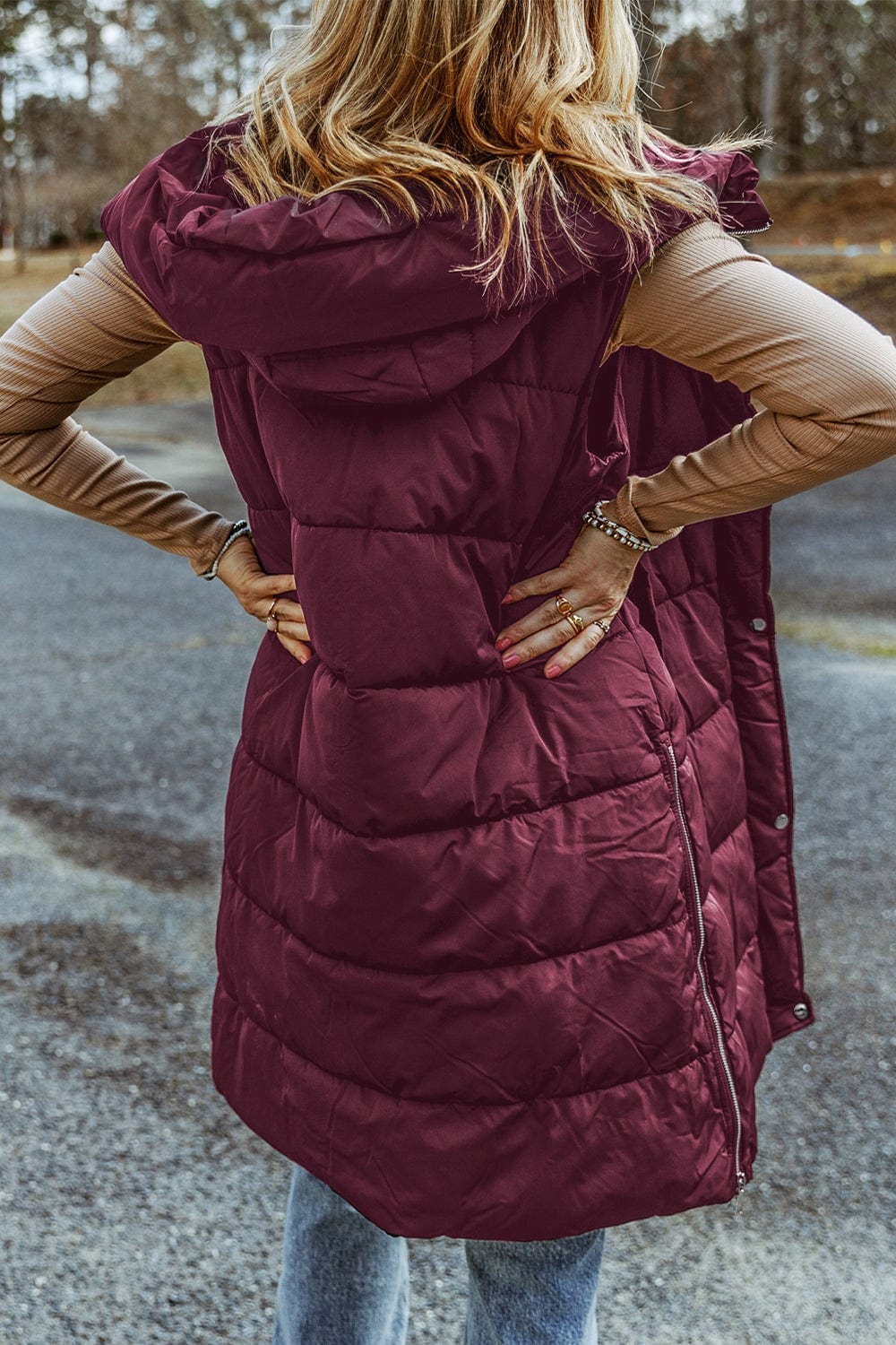 Trendsi Fall Longline Hooded Sleeveless Puffer Vest Longline Hooded Sleeveless Puffer Vest