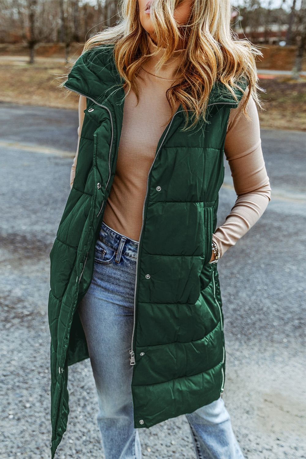 Trendsi Fall Longline Hooded Sleeveless Puffer Vest Longline Hooded Sleeveless Puffer Vest