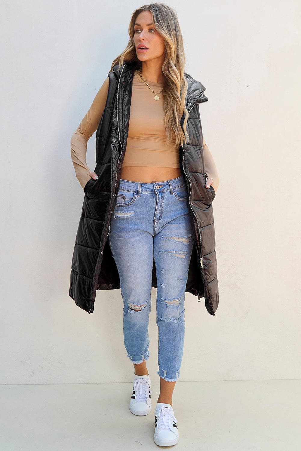 Trendsi Fall Longline Hooded Sleeveless Puffer Vest Longline Hooded Sleeveless Puffer Vest