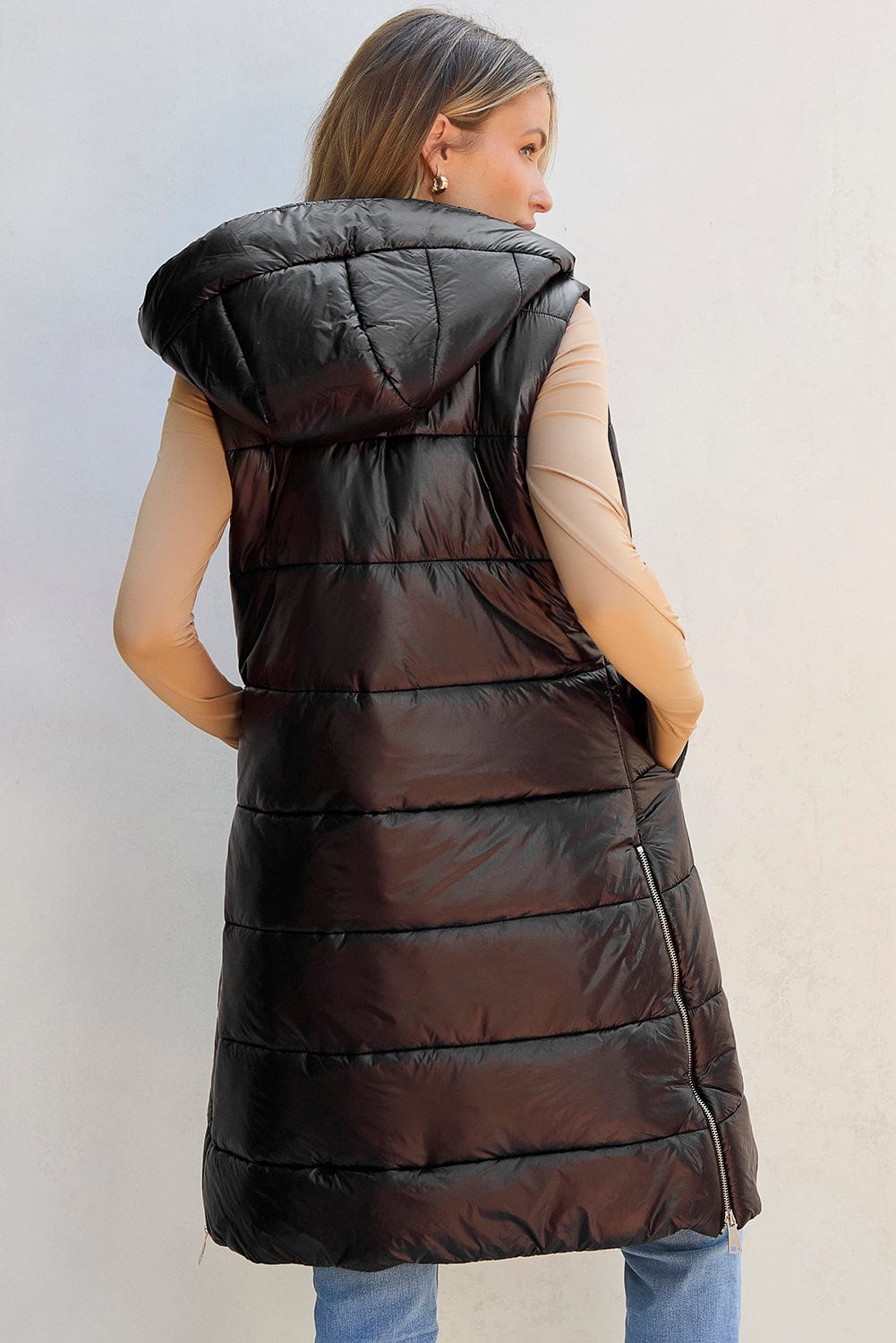 Trendsi Fall Longline Hooded Sleeveless Puffer Vest Longline Hooded Sleeveless Puffer Vest