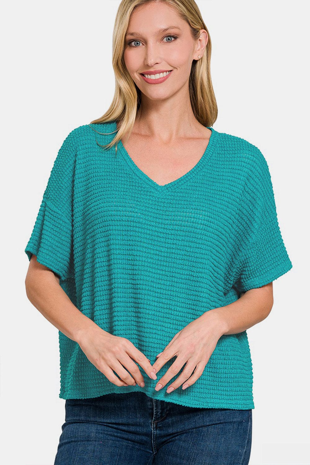 Trendsi Fall Lt Teal / S/M Zenana Drop Shoulder Short Sleeve Jacquard Knit Top Zenana Drop Shoulder Short Sleeve Jacquard Knit Top