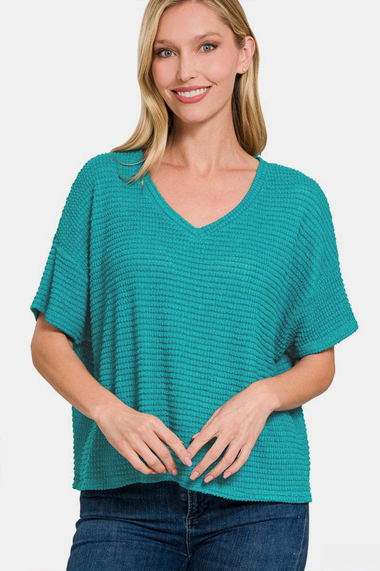 Trendsi Fall Lt Teal / S/M Zenana Drop Shoulder Short Sleeve Jacquard Knit Top Zenana Drop Shoulder Short Sleeve Jacquard Knit Top