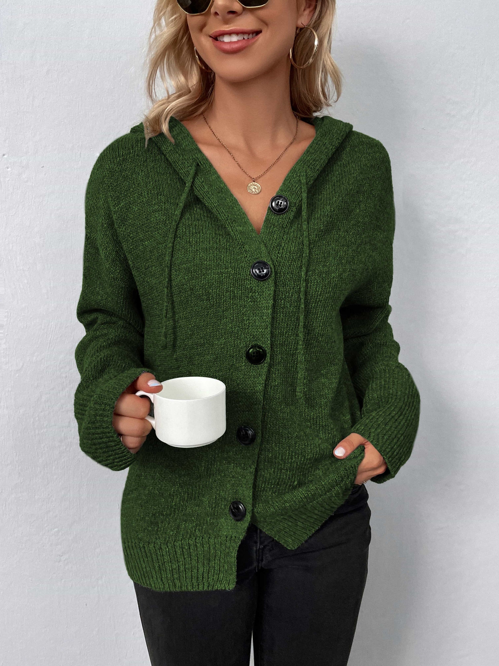 Trendsi Fall Matcha Green / S Button-Down Long Sleeve Hooded Sweater Button-Down Long Sleeve Hooded Sweater