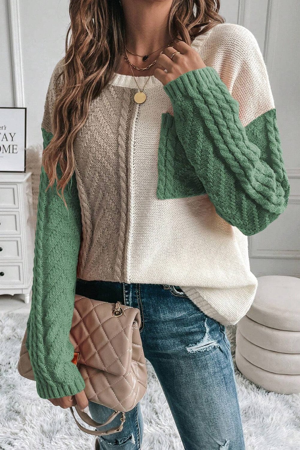 Trendsi Fall Matcha Green / S Color Block Round Neck Long Sleeve Sweater Color Block Round Neck Long Sleeve Sweater