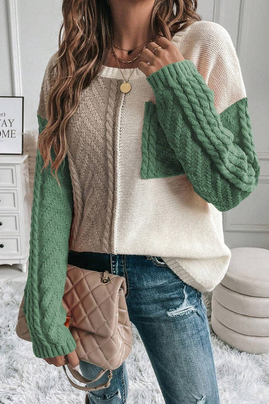 Trendsi Fall Matcha Green / S Color Block Round Neck Long Sleeve Sweater Color Block Round Neck Long Sleeve Sweater