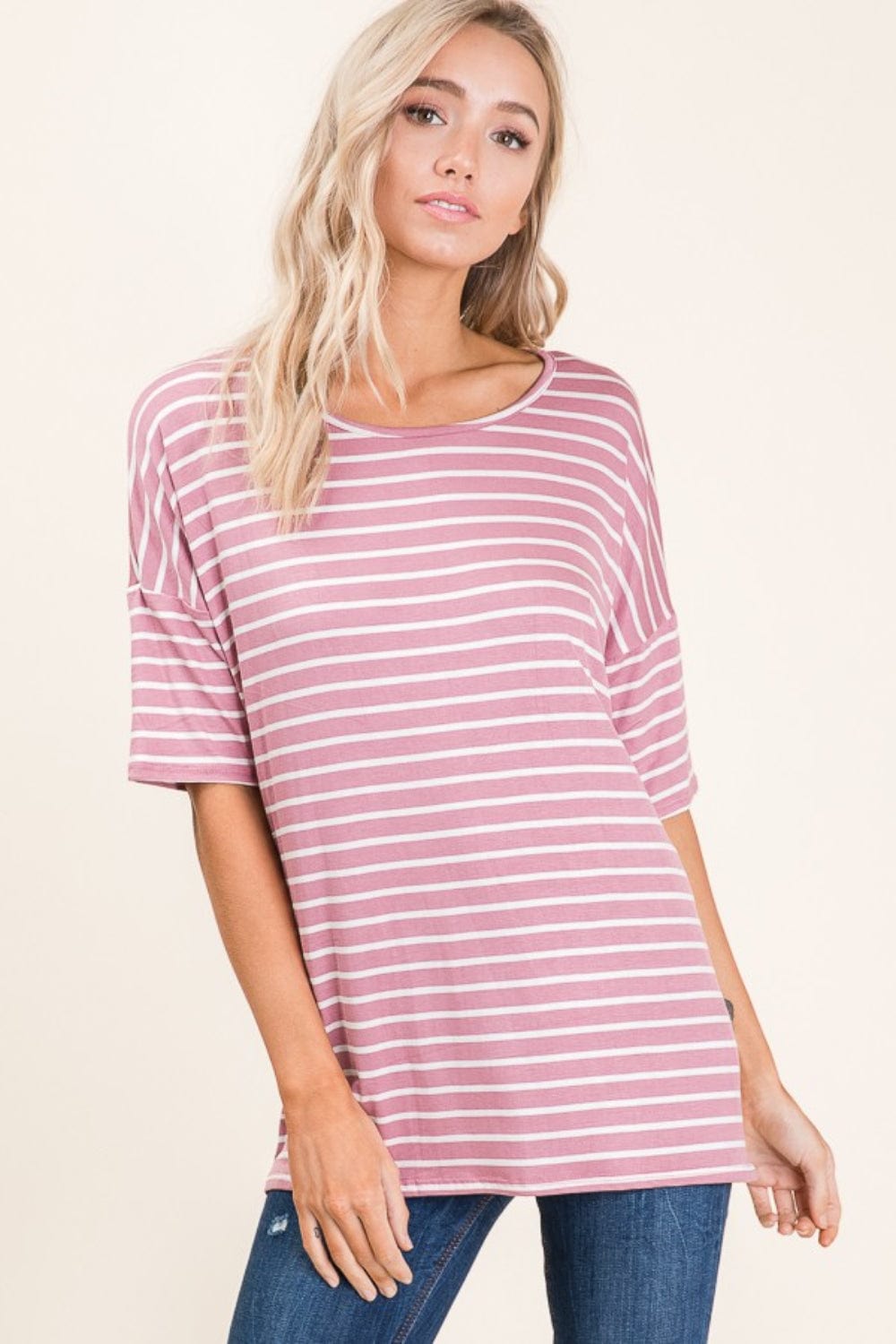 Trendsi Fall Mauve / S BOMBOM Striped Round Neck Half Sleeve T-Shirt BOMBOM Striped Round Neck Half Sleeve T-Shirt