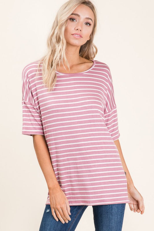 Trendsi Fall Mauve / S BOMBOM Striped Round Neck Half Sleeve T-Shirt BOMBOM Striped Round Neck Half Sleeve T-Shirt