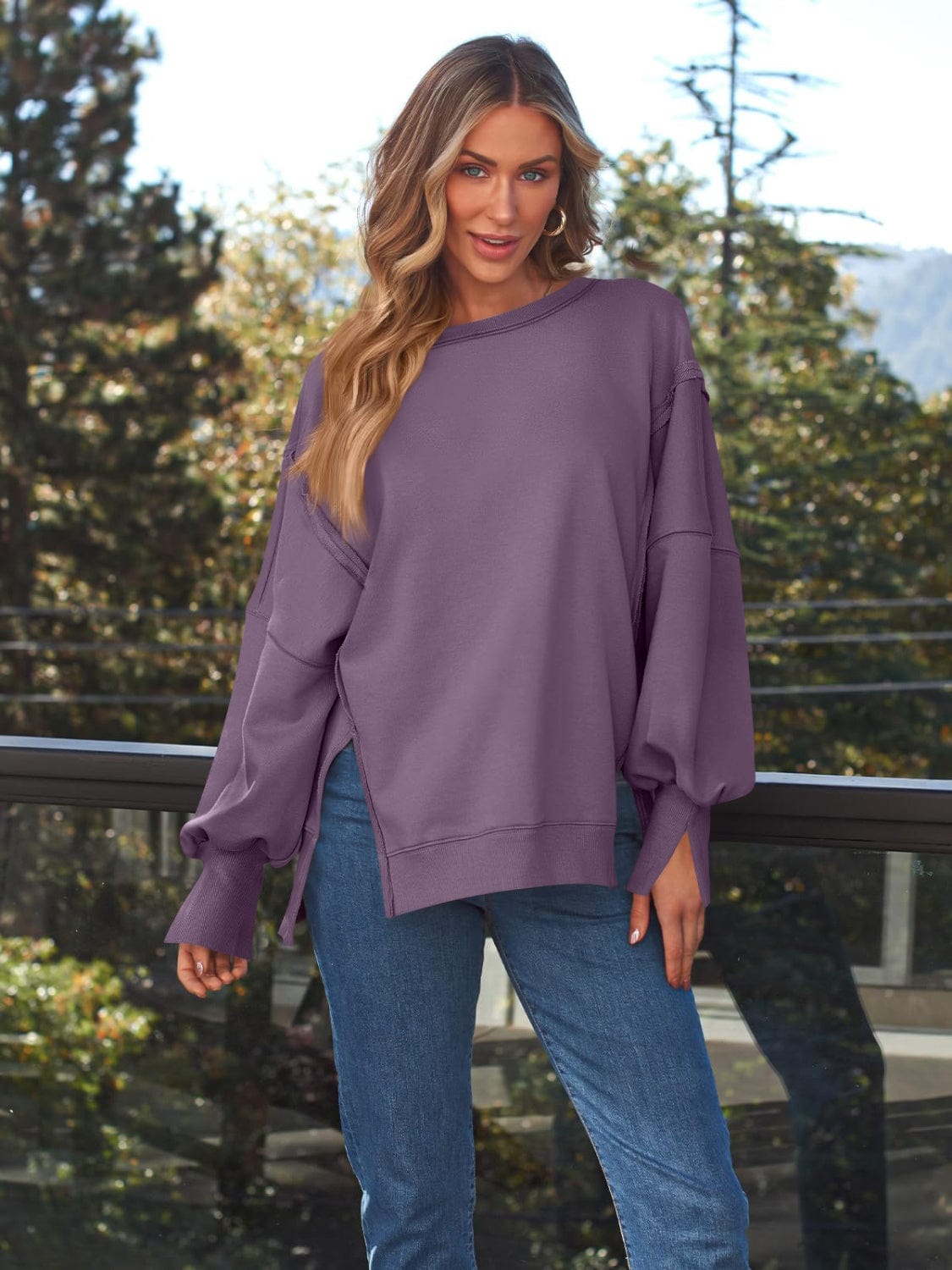 Trendsi Fall Mauve / S Slit Round Neck Long Sleeve Sweatshirt Slit Round Neck Long Sleeve Sweatshirt
