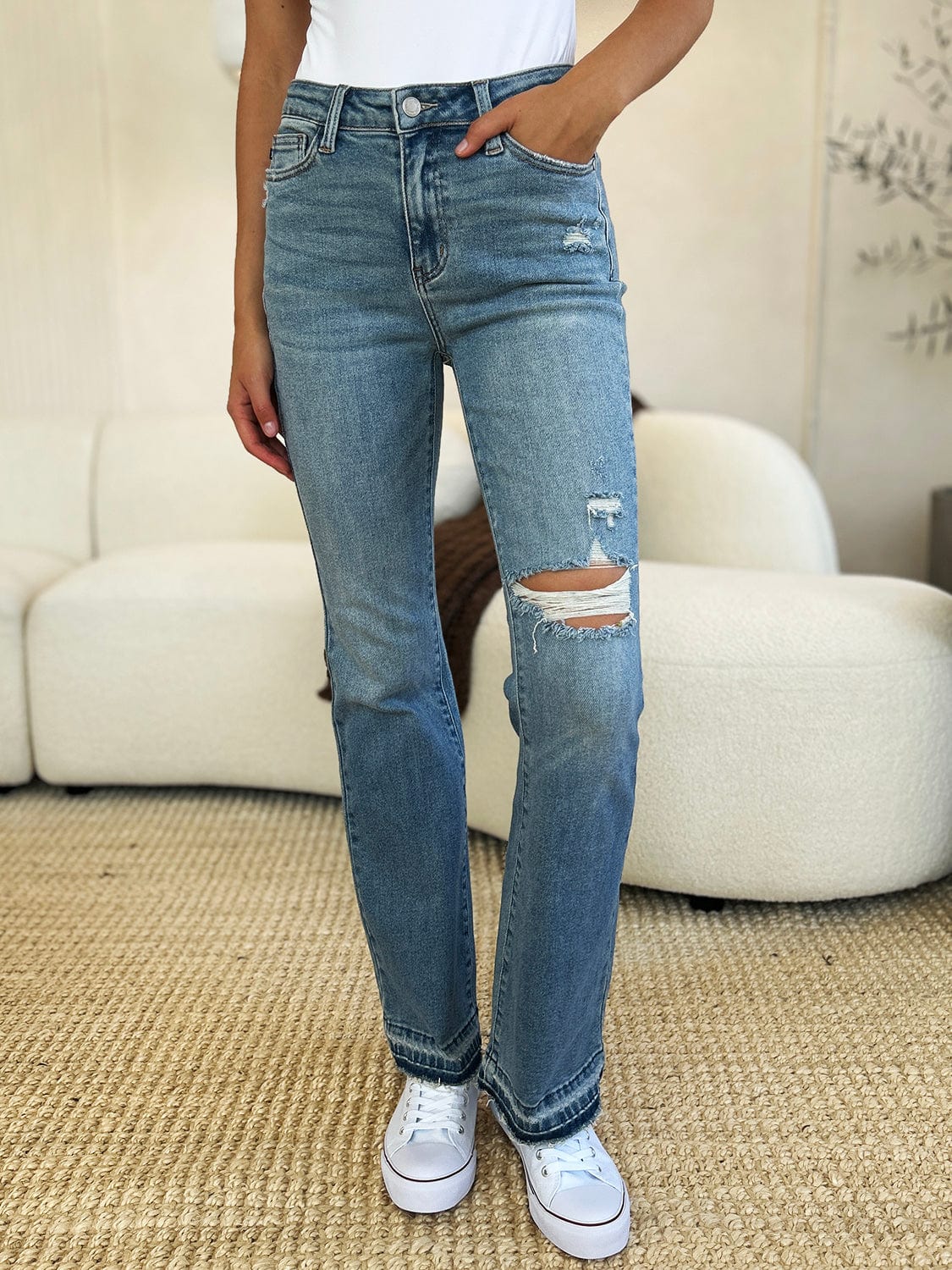 Trendsi Fall Medium / 0(24) Judy Blue Full Size Mid Rise Destroyed Hem Distressed Jeans Judy Blue Full Size Mid Rise Destroyed Hem Distressed Jeans