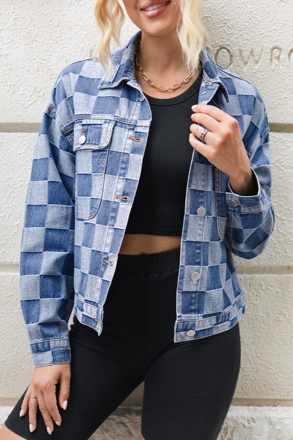 Trendsi Fall Medium / S Checkered Button Up Long Sleeve Denim Jacket Checkered Button Up Long Sleeve Denim Jacket