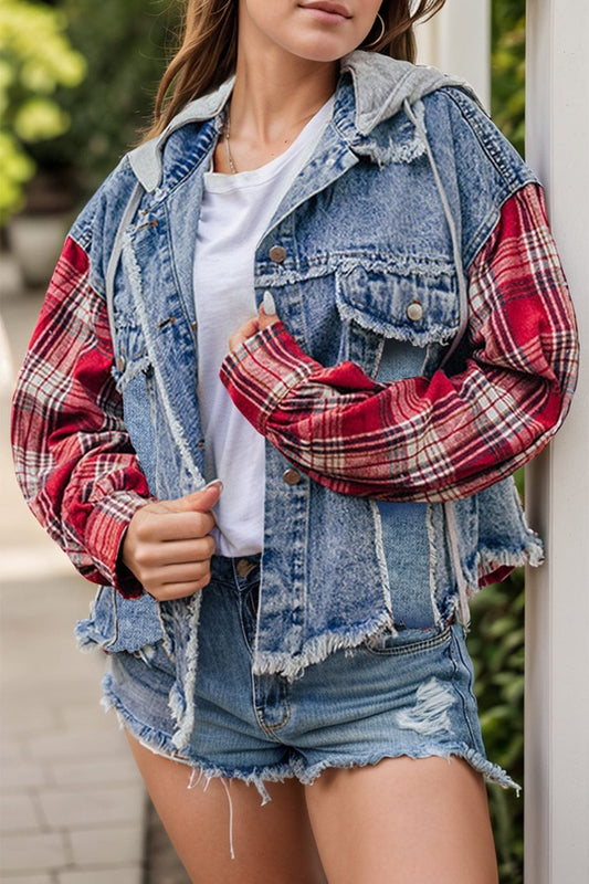 Trendsi Fall Medium / S Raw Hem Drawstring Plaid Denim Jacket Raw Hem Drawstring Plaid Denim Jacket