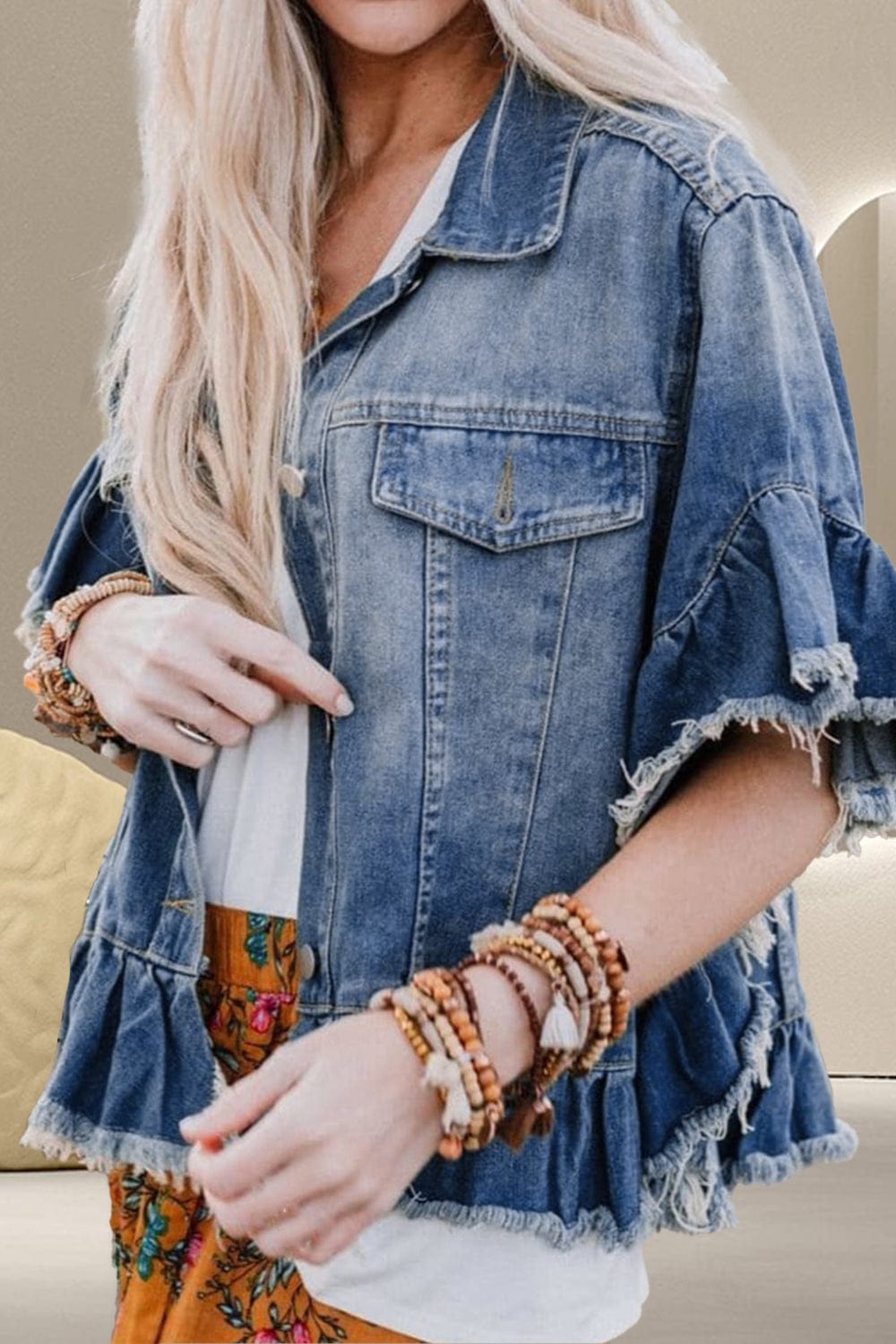 Trendsi Fall Medium / S Ruffled Raw Hem Half Sleeve Denim Top Ruffled Raw Hem Half Sleeve Denim Top