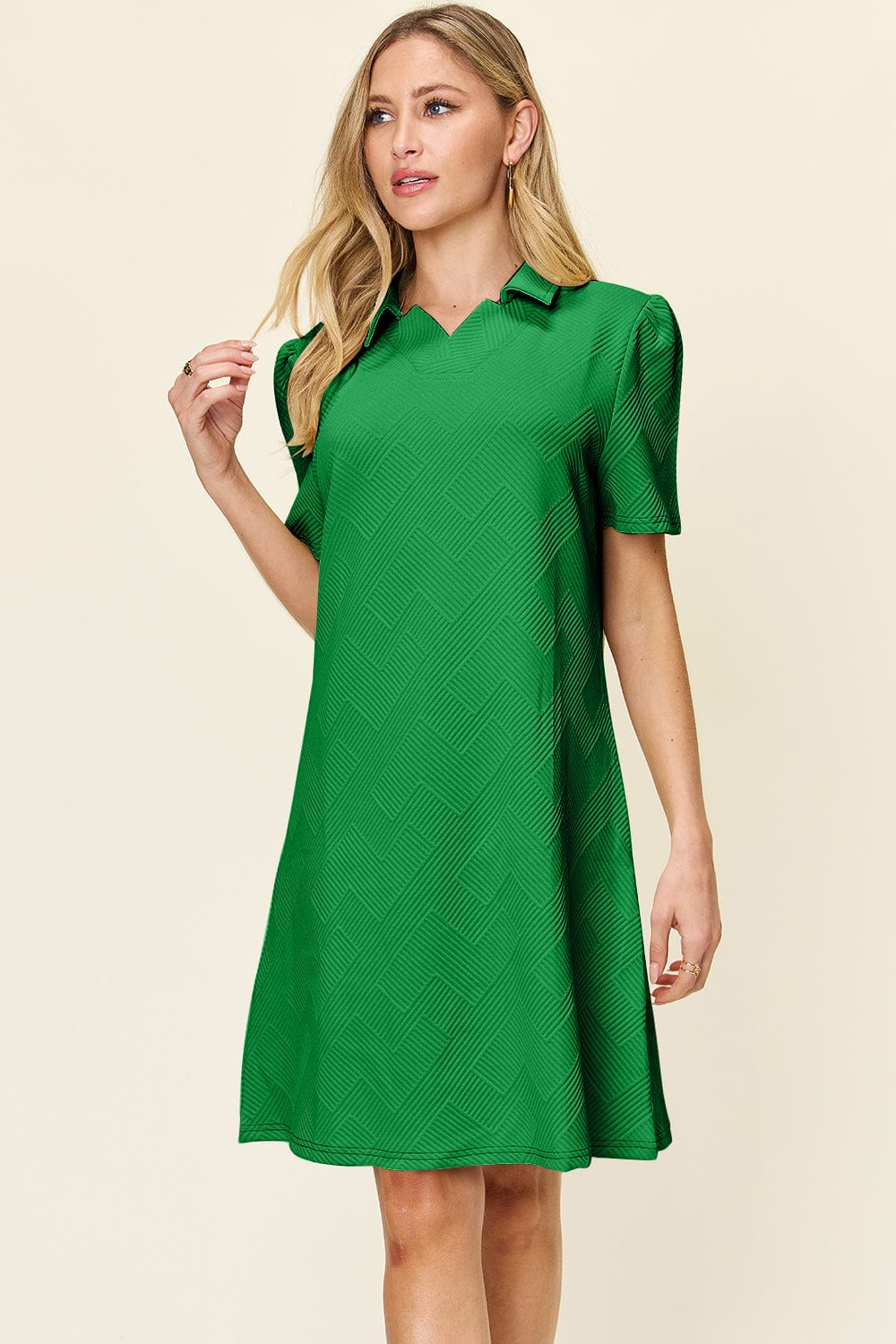 Trendsi Fall Mid Green / S Double Take Full Size Texture Collared Neck Short Sleeve Dress Double Take Full Size Texture Collared Neck Short Sleeve Dress