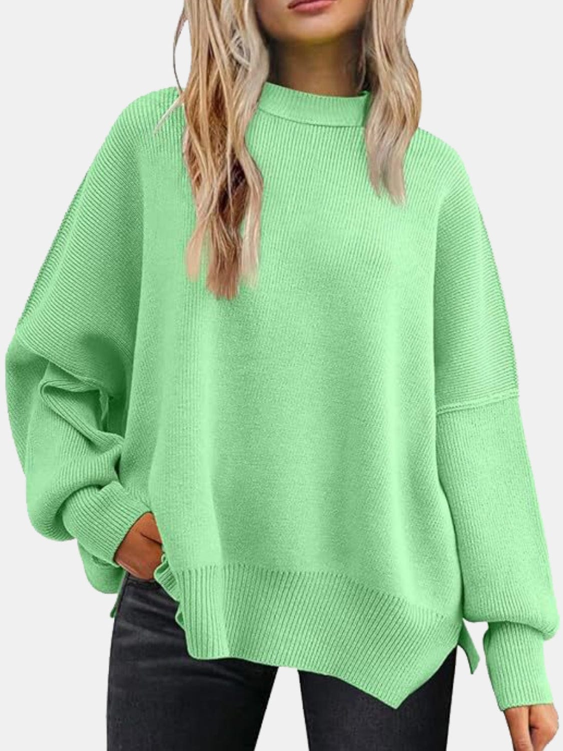 Trendsi Fall Mint Green / S Round Neck Drop Shoulder Slit Sweater Round Neck Drop Shoulder Slit Sweater