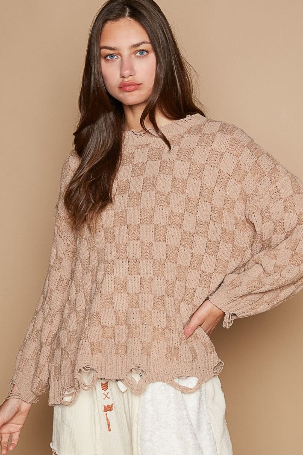 Trendsi Fall Mocha Beige / S POL Checkered Distressed Edge Sweater POL Checkered Distressed Edge Sweater