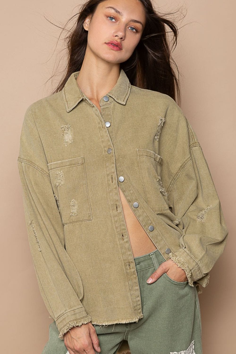 Trendsi Fall Mocha Herb / S POL Button Down Raw Hem Distressed Shacket POL Button Down Raw Hem Distressed Shacket