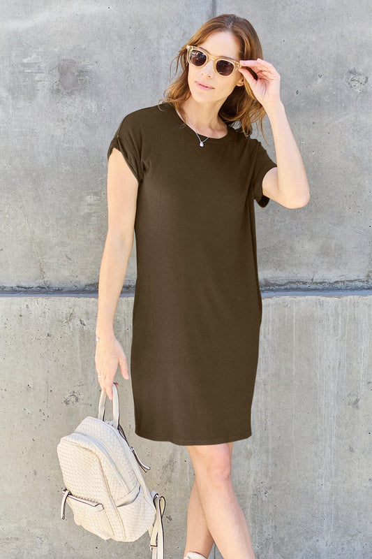Trendsi Fall Mocha / S Basic Bae Full Size Round Neck Short Sleeve Dress with Pockets Basic Bae Full Size Round Neck Short Sleeve Dress with Pockets