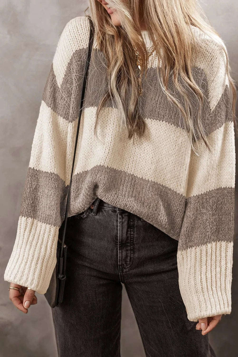 Trendsi Fall Mocha / S Color Block Round Neck Sweater Color Block Round Neck Sweater