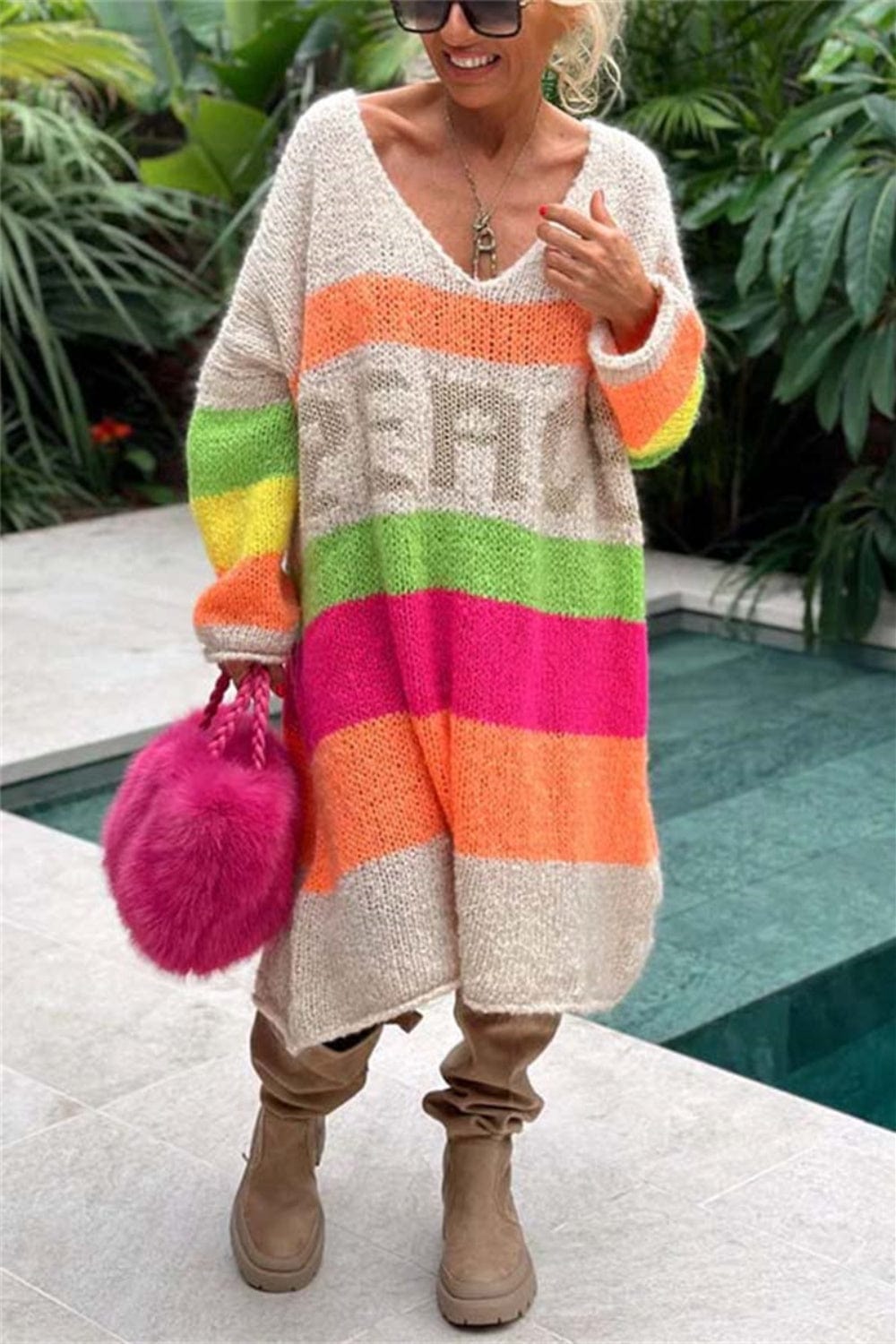 Trendsi Fall Mocha / S/M Color Block V-Neck Long Sleeve Sweater Dress Color Block V-Neck Long Sleeve Sweater Dress