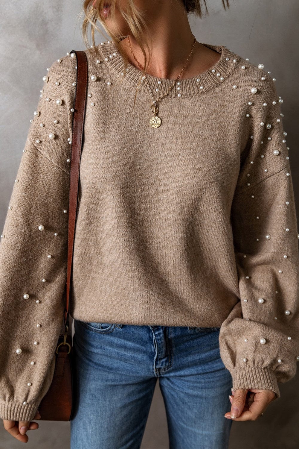 Trendsi Fall Mocha / S Pearl Detail Round Neck Long Sleeve Sweater Pearl Detail Round Neck Long Sleeve Sweater