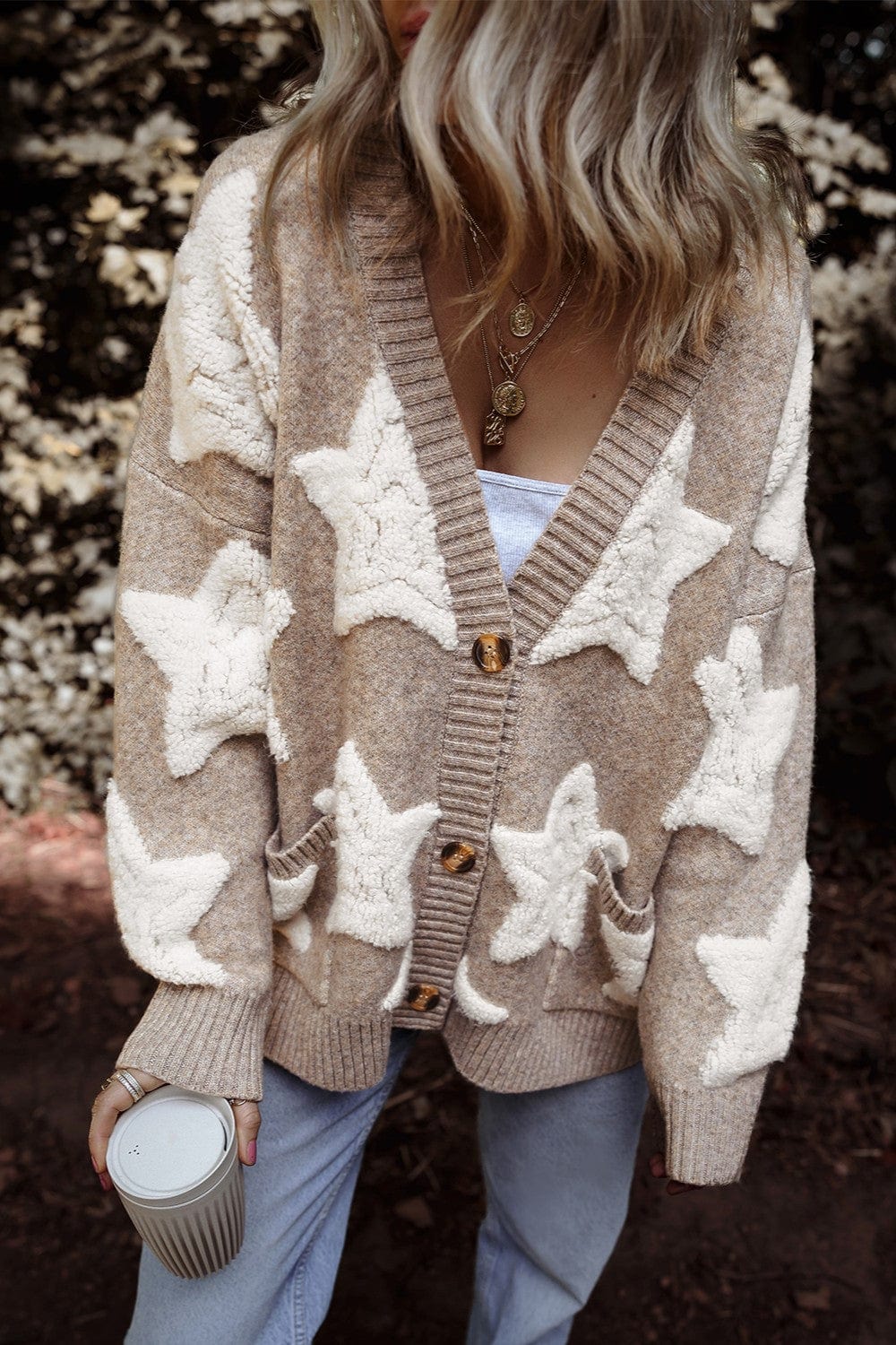 Trendsi Fall Mocha / S Star Button Up Long Sleeve Cardigan Star Button Up Long Sleeve Cardigan