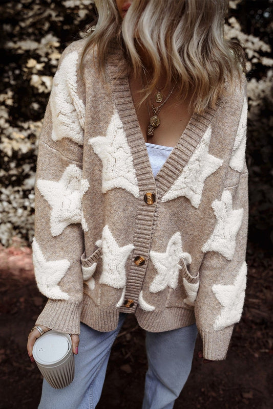 Trendsi Fall Mocha / S Star Button Up Long Sleeve Cardigan Star Button Up Long Sleeve Cardigan