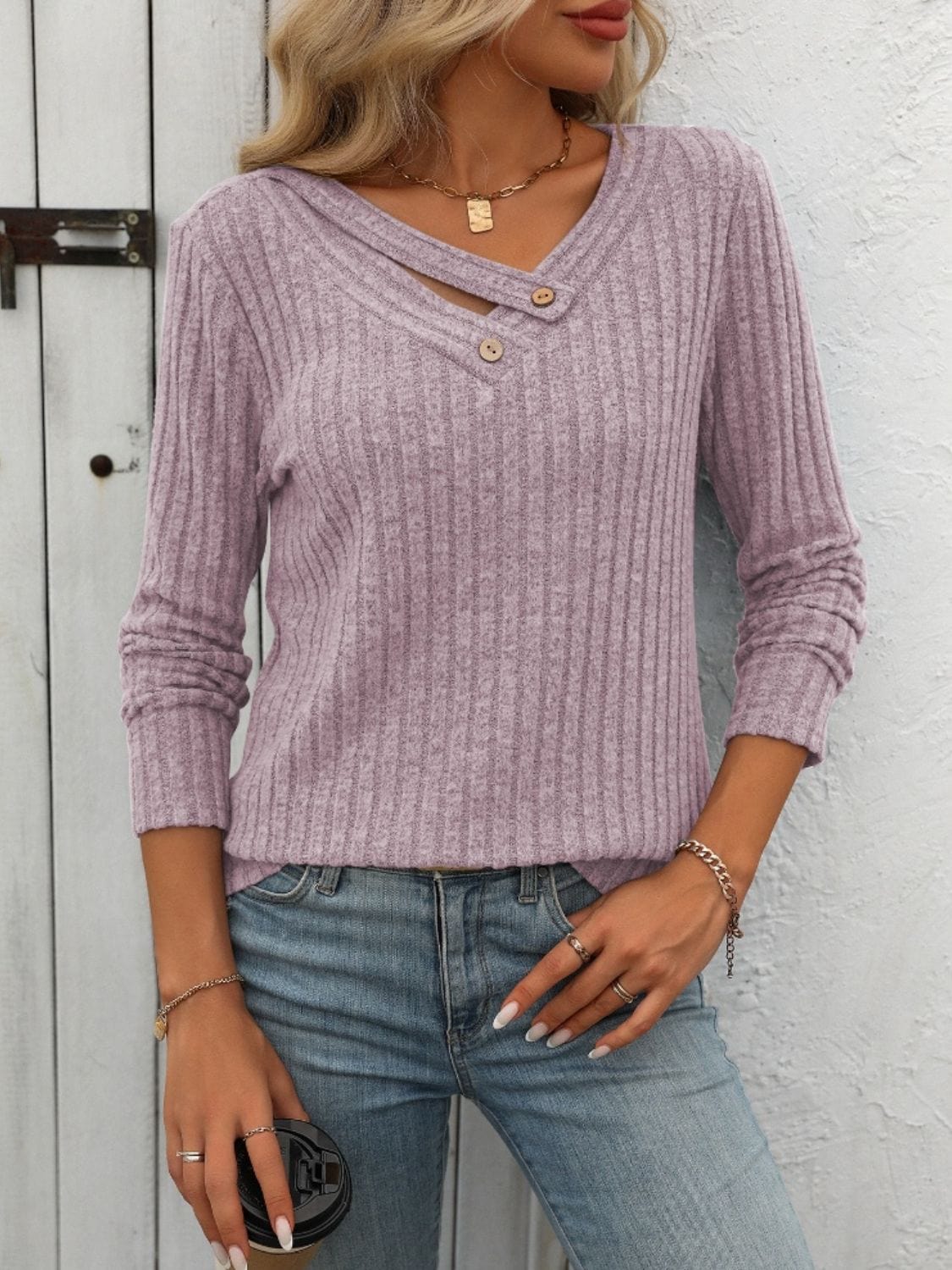 Trendsi Fall Moonlit Mauve / S Ribbed V-Neck Long Sleeve T-Shirt Ribbed V-Neck Long Sleeve T-Shirt
