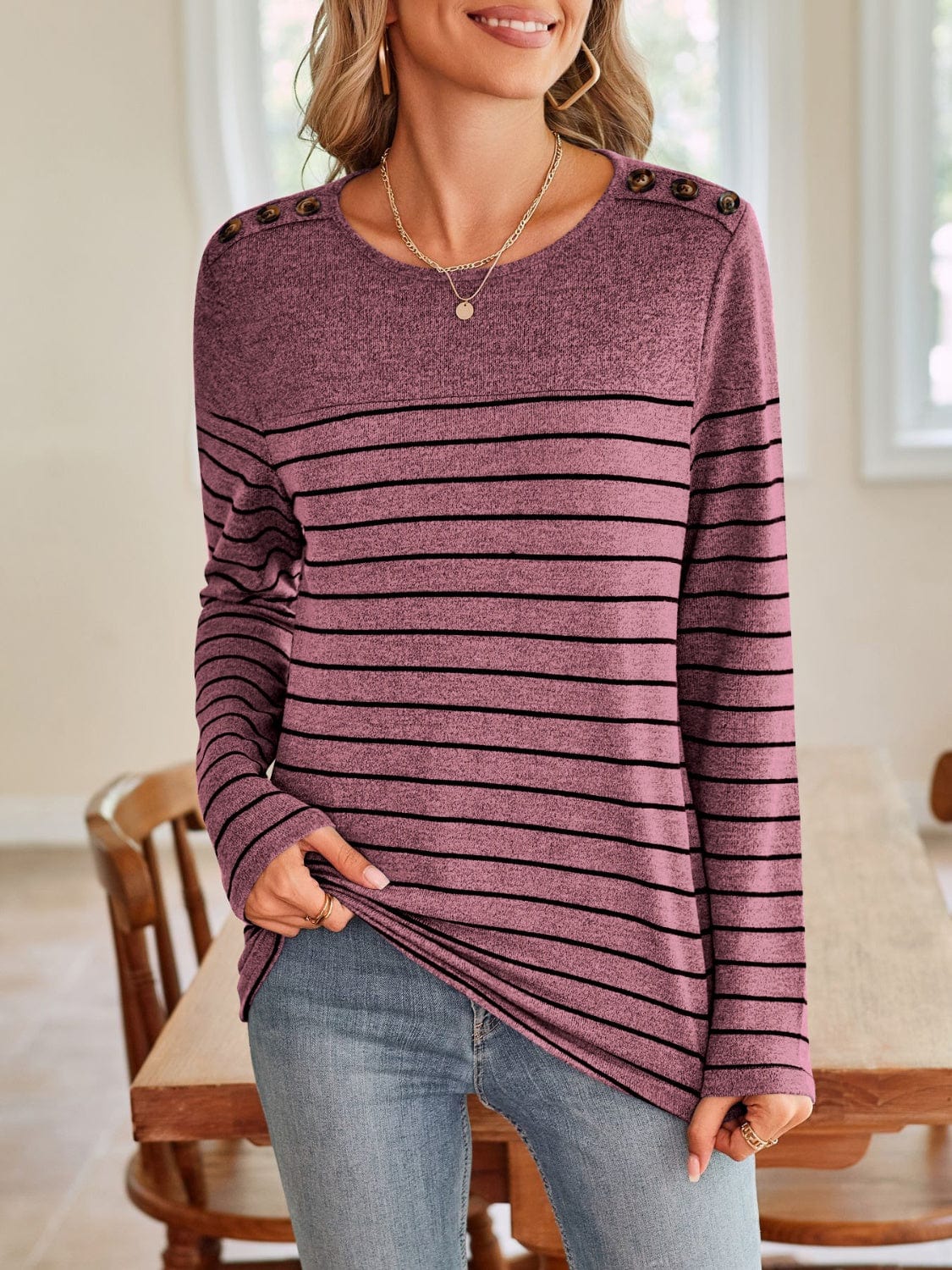 Trendsi Fall Moonlit Mauve / S Striped Round Neck Long Sleeve T-Shirt Striped Round Neck Long Sleeve T-Shirt