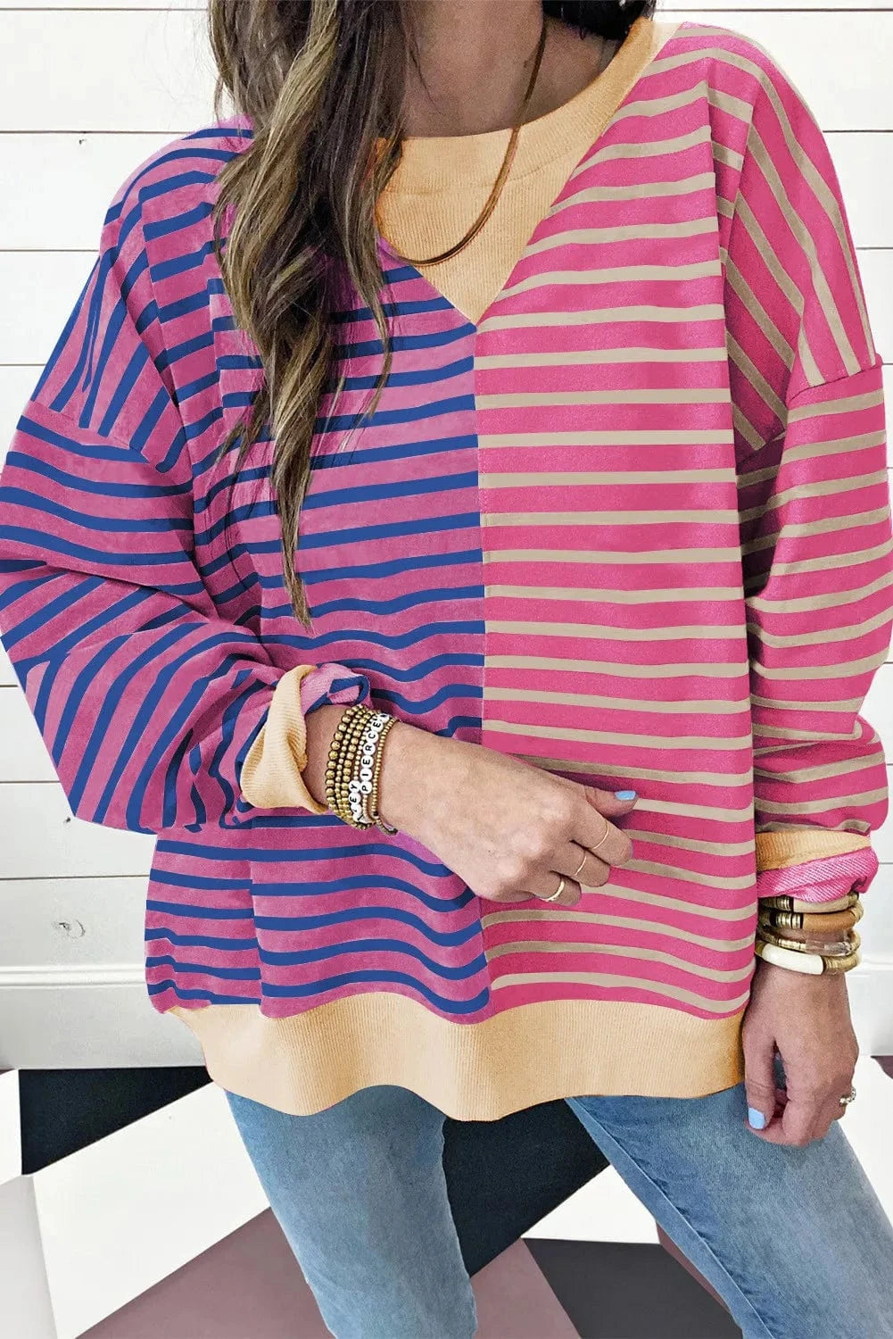 Trendsi Fall Moonlit Mauve / XL Contrast Stripes Round Neck Long Sleeve Sweatshirt Contrast Stripes Round Neck Long Sleeve Sweatshirt