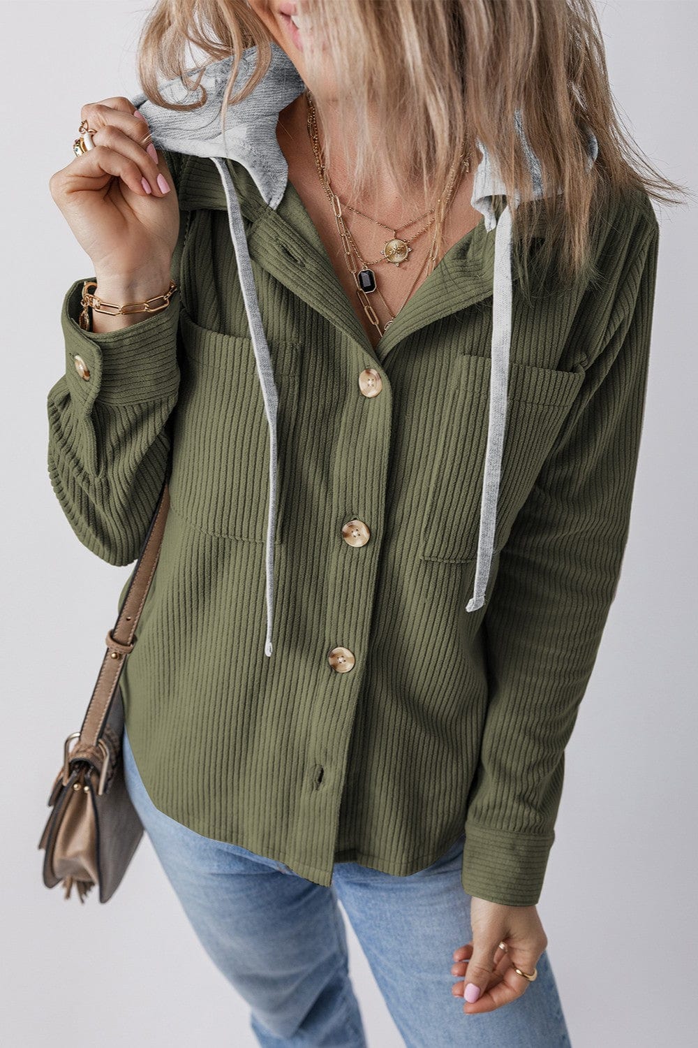 Trendsi Fall Moss / S Drawstring Button Up Long Sleeve Hooded Jacket Drawstring Button Up Long Sleeve Hooded Jacket