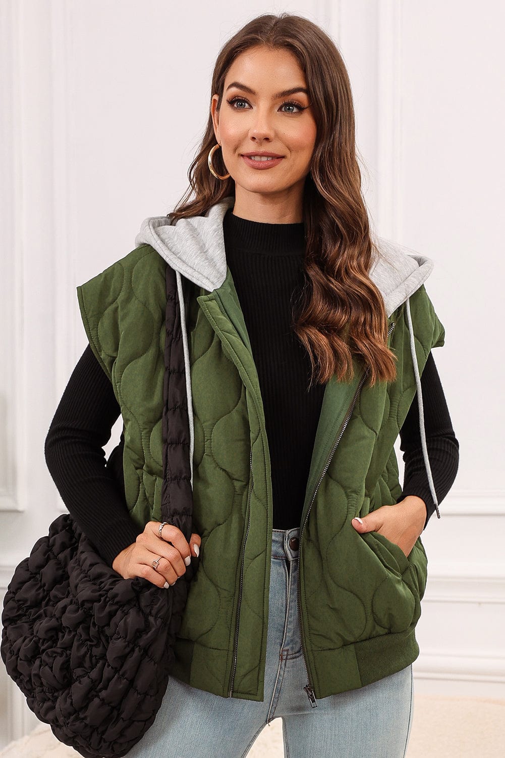 Trendsi Fall Moss / S Drawstring Zip Up Hooded Vest Coat Drawstring Zip Up Hooded Vest Coat