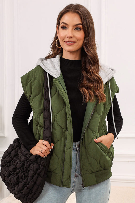 Trendsi Fall Moss / S Drawstring Zip Up Hooded Vest Coat Drawstring Zip Up Hooded Vest Coat