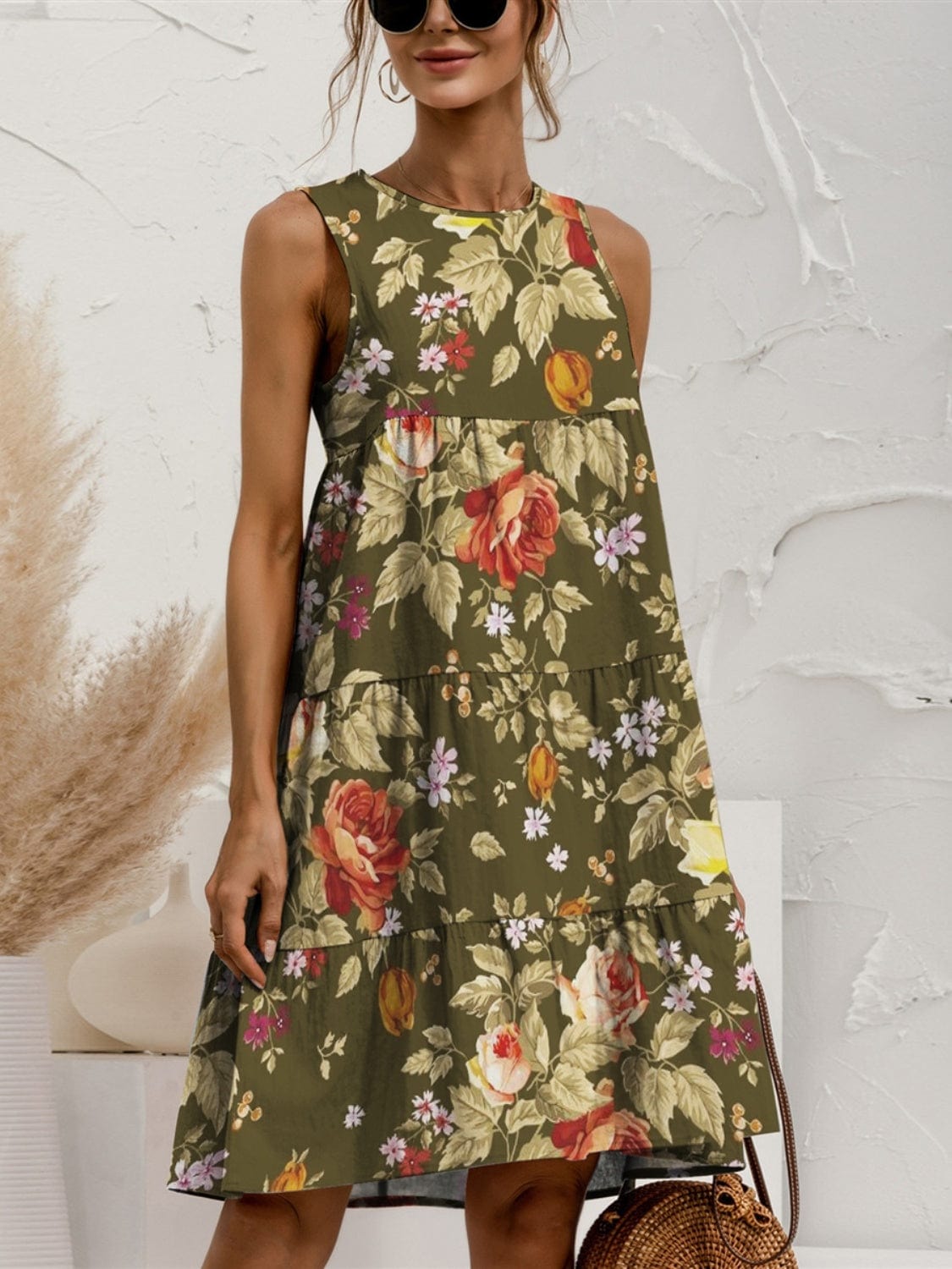 Trendsi Fall Moss / S Tiered Printed Round Neck Sleeveless Dress Tiered Printed Round Neck Sleeveless Dress