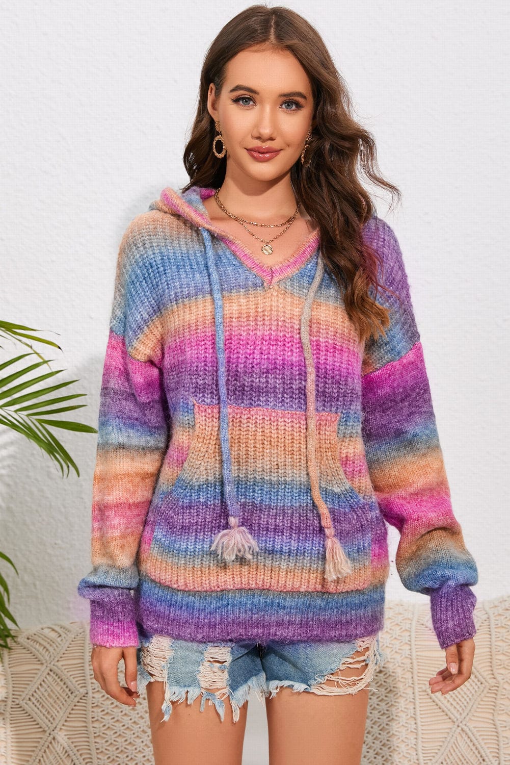 Trendsi Fall Multicolor Dropped Shoulder Hooded Sweater Multicolor Dropped Shoulder Hooded Sweater
