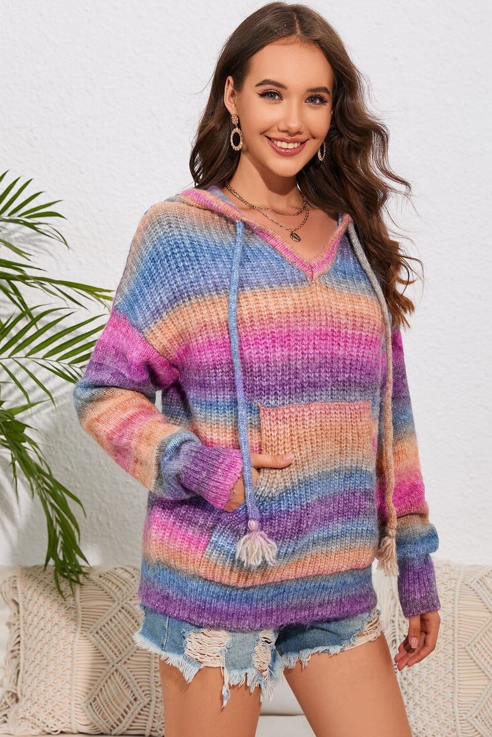 Trendsi Fall Multicolor / S Multicolor Dropped Shoulder Hooded Sweater Multicolor Dropped Shoulder Hooded Sweater
