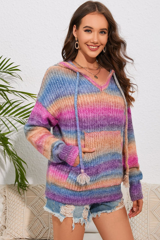 Trendsi Fall Multicolor / S Multicolor Dropped Shoulder Hooded Sweater Multicolor Dropped Shoulder Hooded Sweater